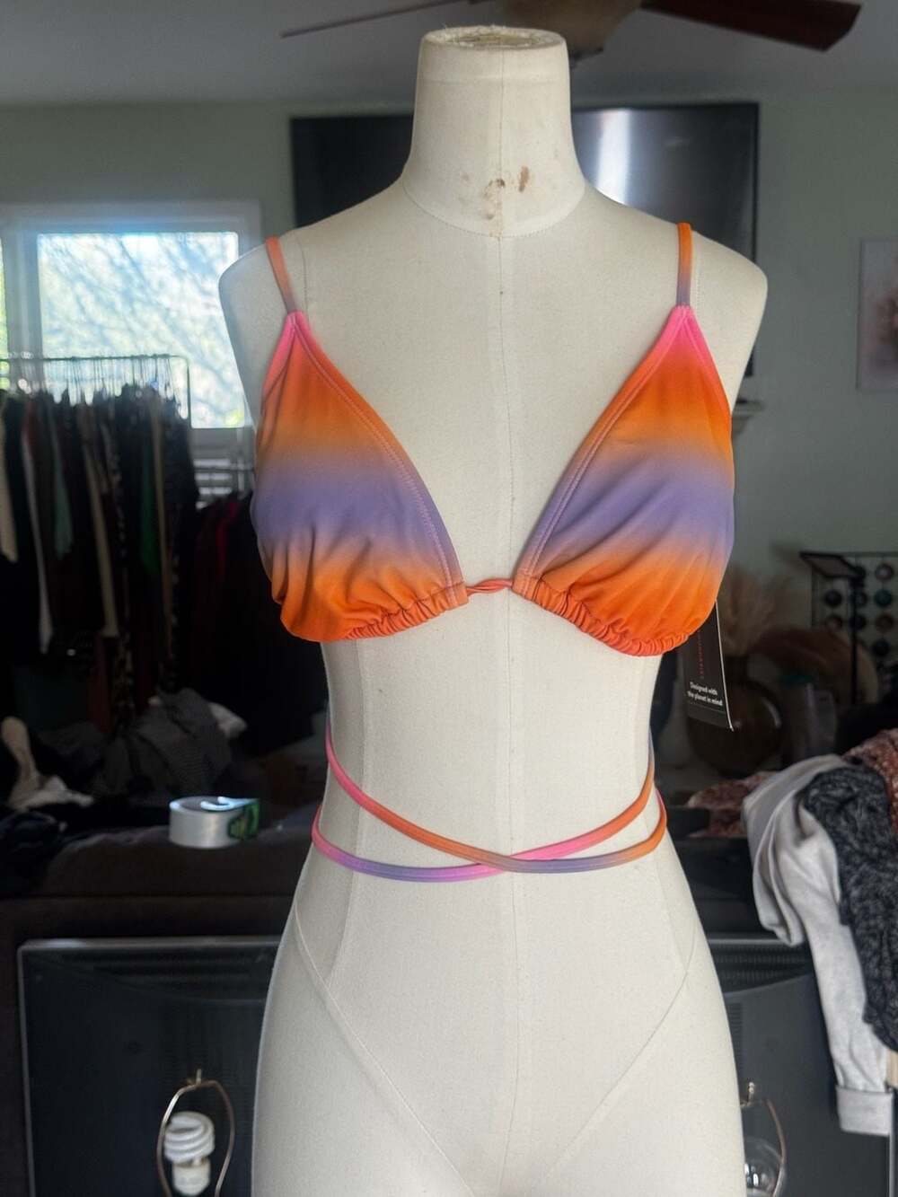 No Boundaries Swim Bikini Top Large 11-13 Triangle Pink Orange Purple Ombre Stra